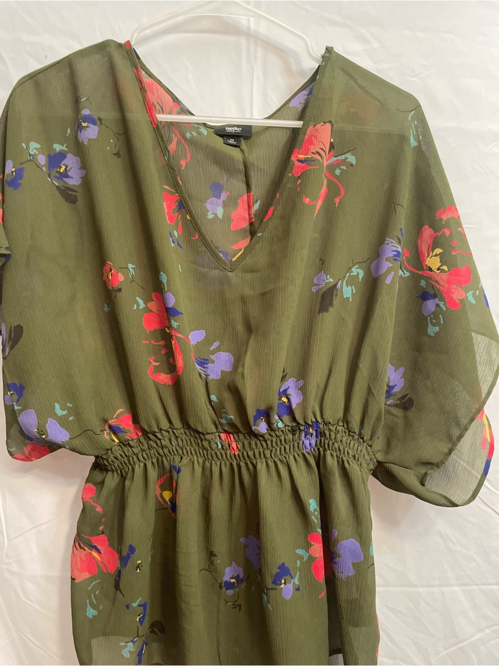 Target Olive Floral Scoop Neck Blouse with Purple & Teal Accents